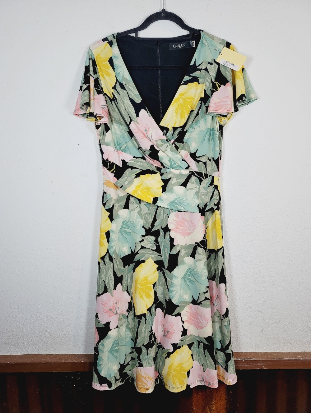 Ralph Lauren Black Floral Wrap Midi Dress, Size 8
